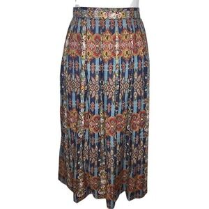Vintage Susan Bristol Blue Paisley Floral Striped Pleated Maxi Skirt Boho 90s